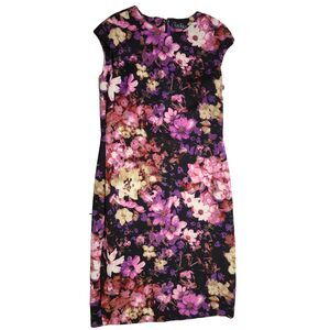 LAUREN Ralph Lauren Black Pink Purple Floral Cap Sleeve Sheath Dress 14